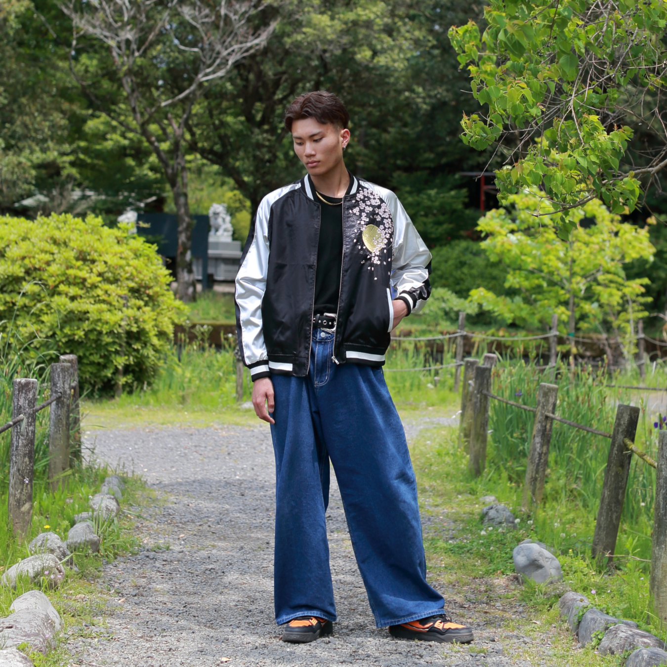 Great Wave & Cherry Blossom Skajan Jacket –  Embroidered Japanese Bomber – Black/Silver Bomber by HanaBee