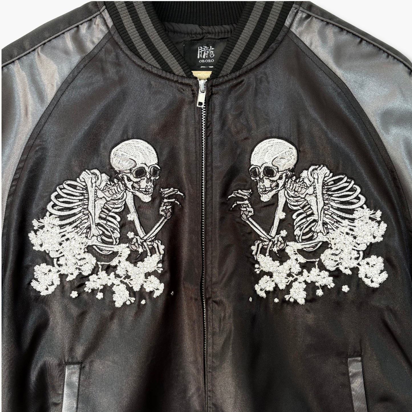 Skull Skajan Jacket – Ukiyo‑e Style Embroidered Japanese Bomber – Black/Dark Grey by HanaBee