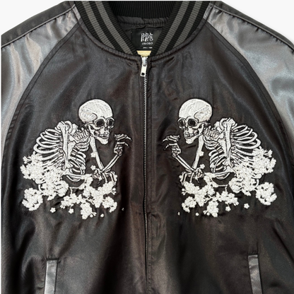Skull Skajan Jacket – Ukiyo‑e Style Embroidered Japanese Bomber – Black/Dark Grey by HanaBee