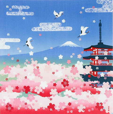 Eco‑Friendly Furoshiki Gift Wrap – Reusable 50 cm Cloth – Spring Pagoda, Mt Fuji, Cranes & Cherry Blossoms Design