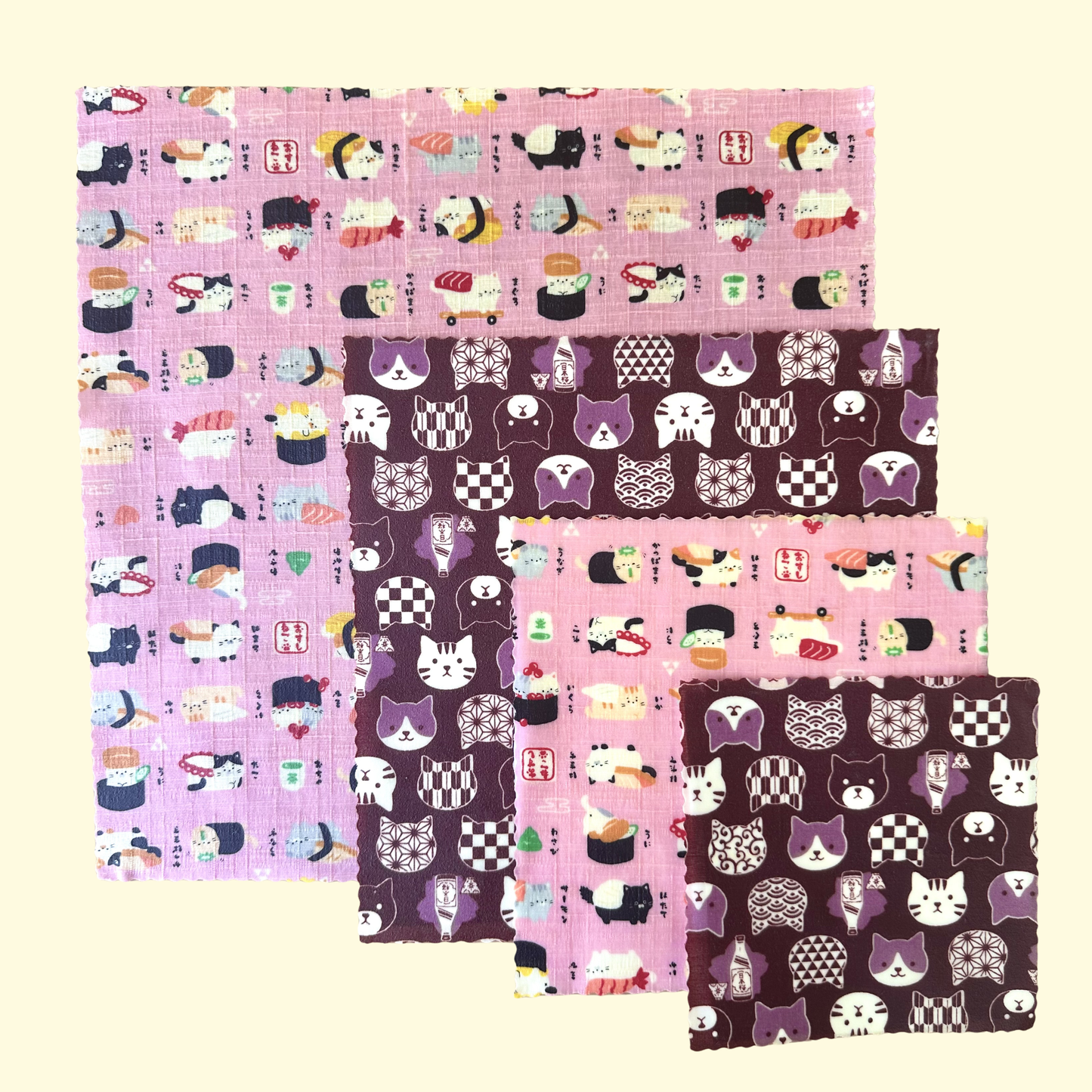 Beeswax Food Wraps – Sushi Cats, Pink (Set of 4)