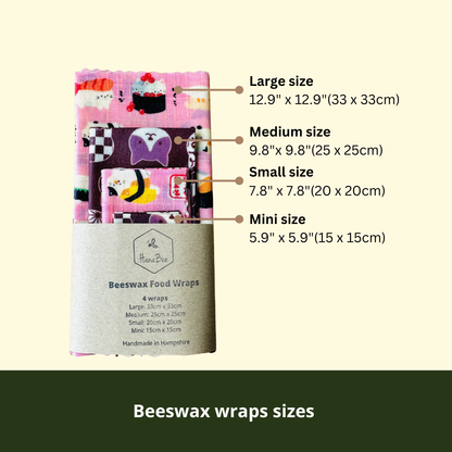 Beeswax Food Wraps – Sushi Cats, Pink (Set of 4)