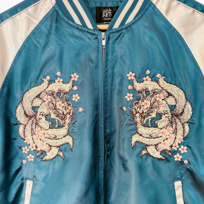 9‑Tailed Fox Skajan Jacket – Embroidered Japanese Bomber – Teal/White‑Silver by HanaBee