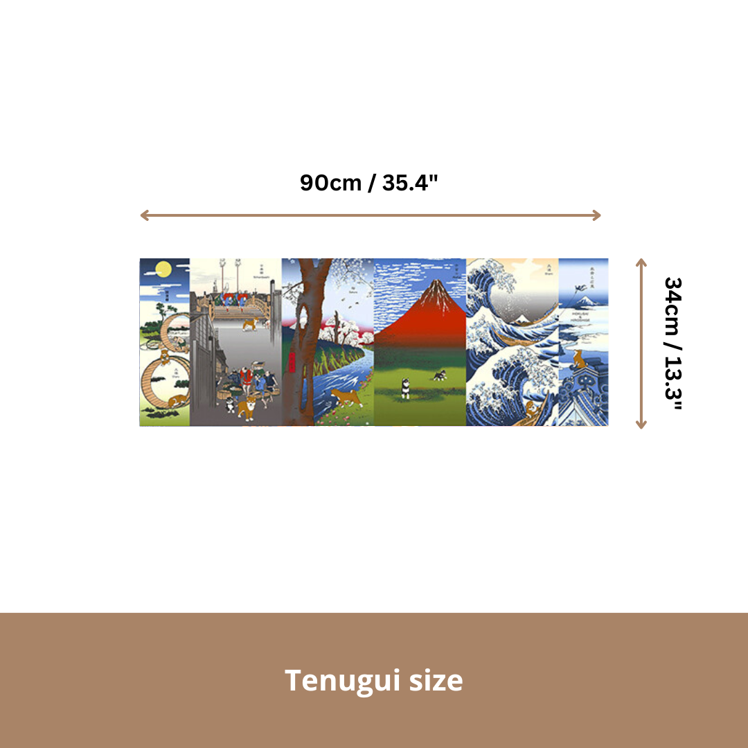 Tenugui Art, Hokusai art with Shiba Inu, 90cm x 34cm (35.4" x 13.4”)