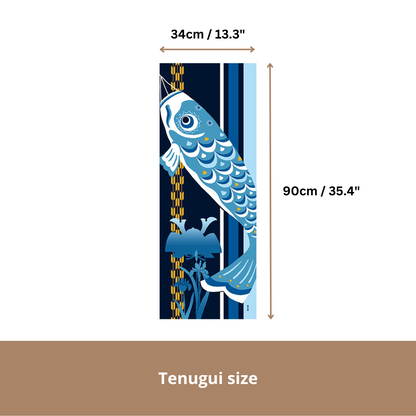 Tenugui Art, Koi Nobori and Samurai Helmet, 34cm x 90cm (13.4” x 35.4”)