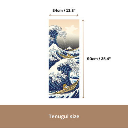 Tenugui Art, Shiba Inu with A Great Wave, 34cm x 90cm (13.4” x 35.4”)