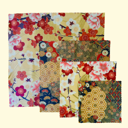 Beeswax Food Wraps – Red Cherry Flowers Design (Handmade in the UK, Set of 4)
