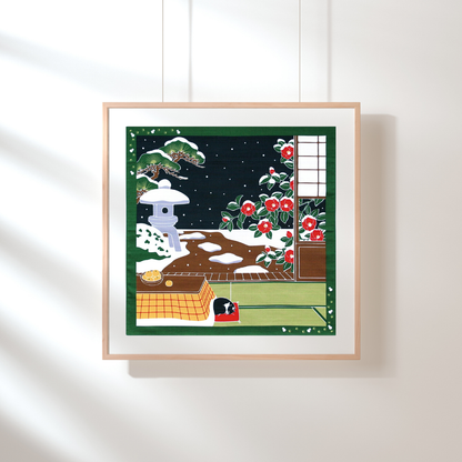 Japanese Furoshiki Cloth – Cat Winter & Camellia Gift Wrap (50×50cm)