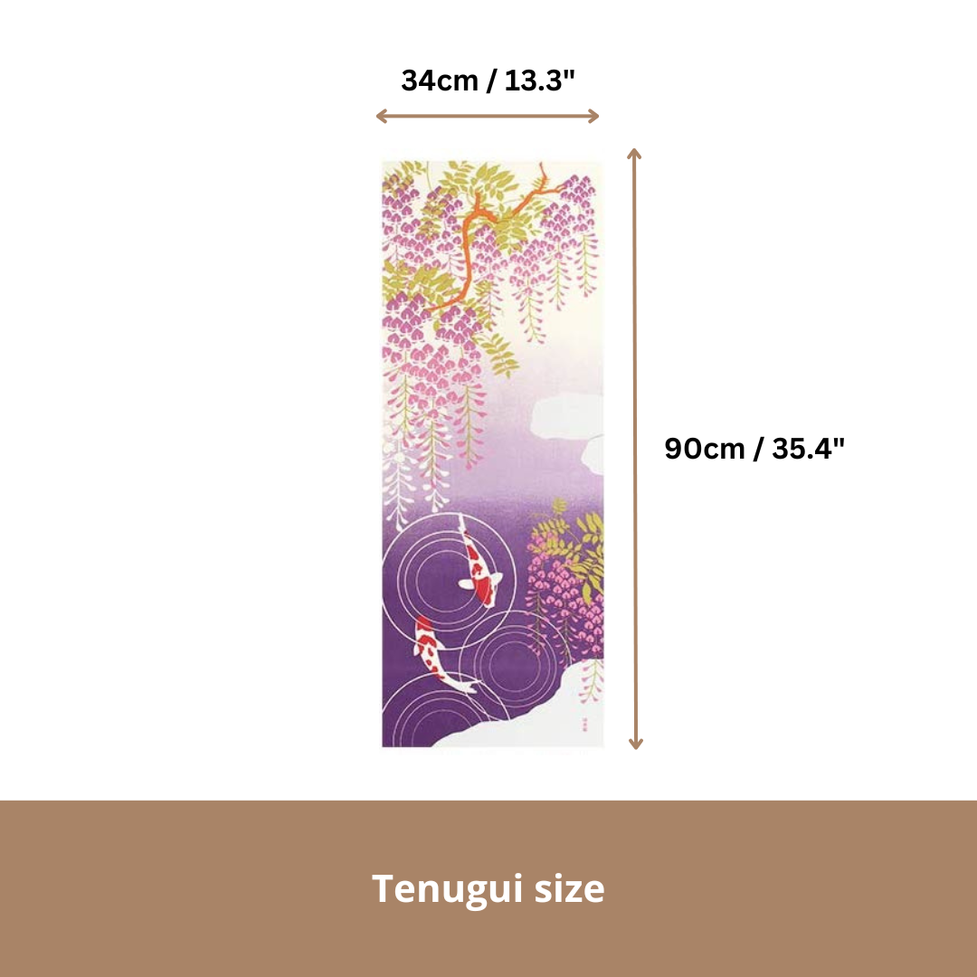 Tenugui Wall Art, Wisteria and Koi fish, 34cm x 90cm (13.4” x 35.4”)