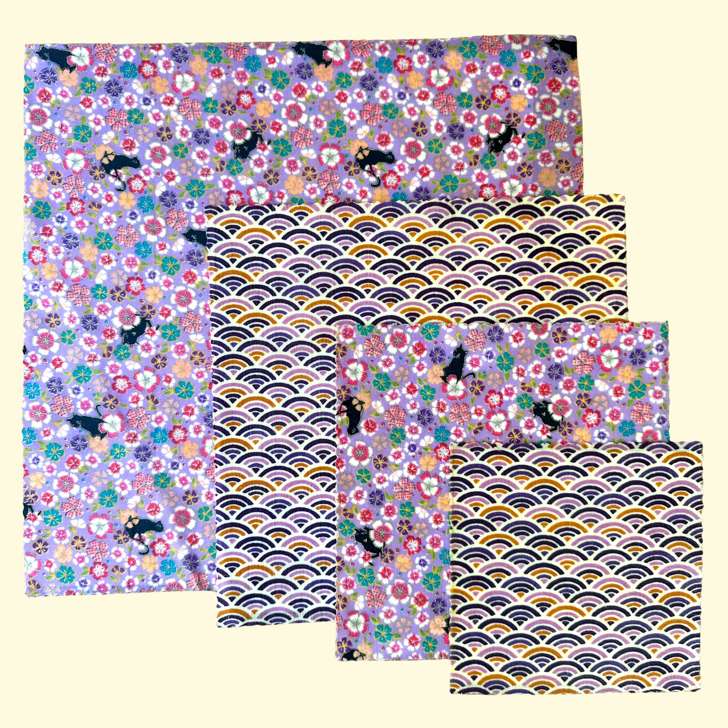 Black cats, Sakura, Purple, Set of 4 Beeswax Food Wraps