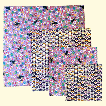 Black cats, Sakura, Purple, Set of 4 Beeswax Food Wraps