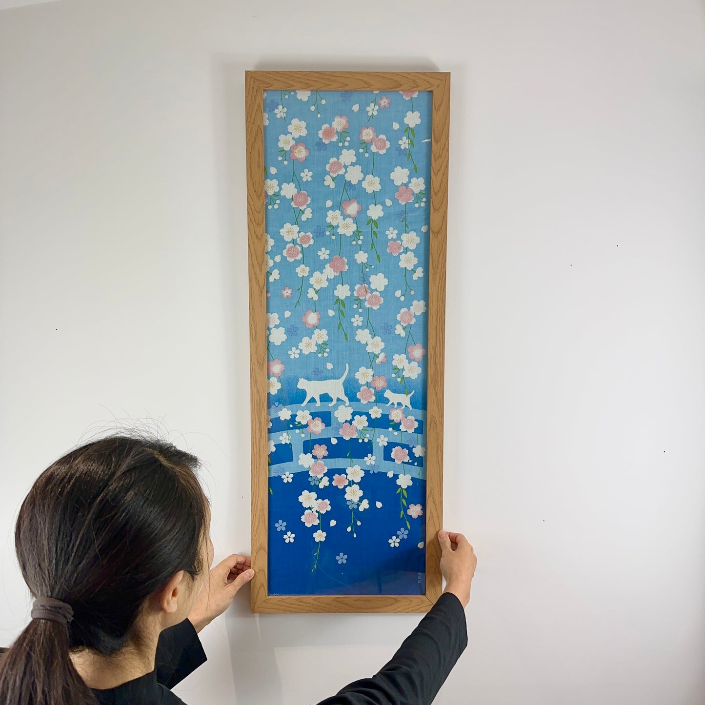 Tenugui Art, Cats and Cherry Blossoms, 34cm x 90cm (13.4” x 35.4”)