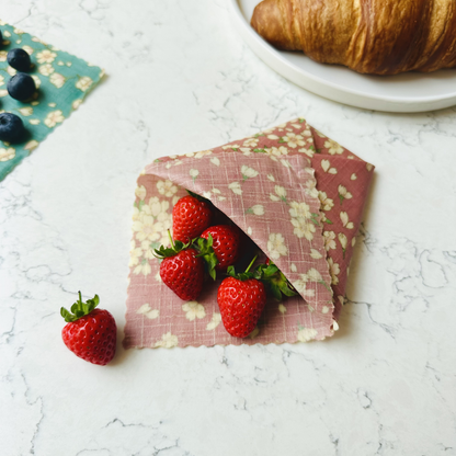 Beeswax Food Wraps – Cherry Blossom Flowers Design (Handmade in the UK, Set of 4)