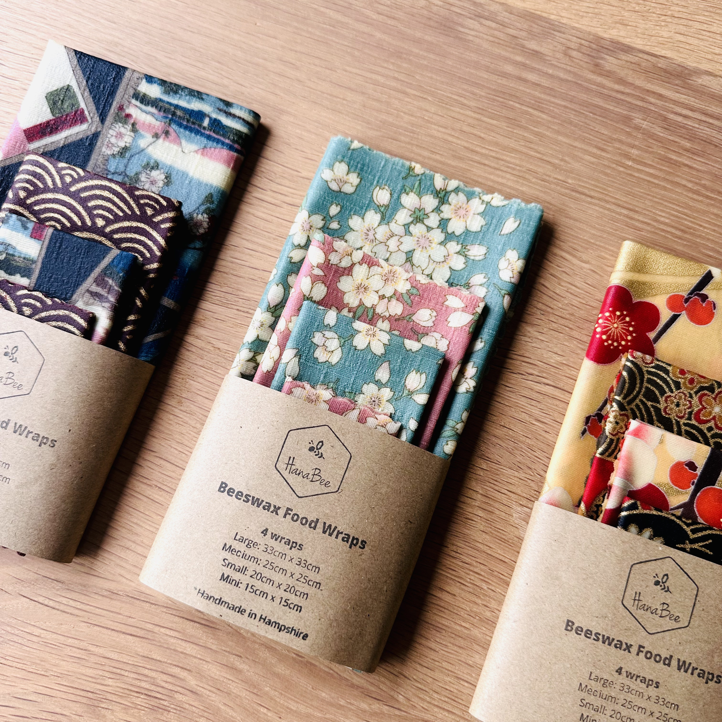 Beeswax Food Wraps – Cherry Blossom Flowers Design (Handmade in the UK, Set of 4)