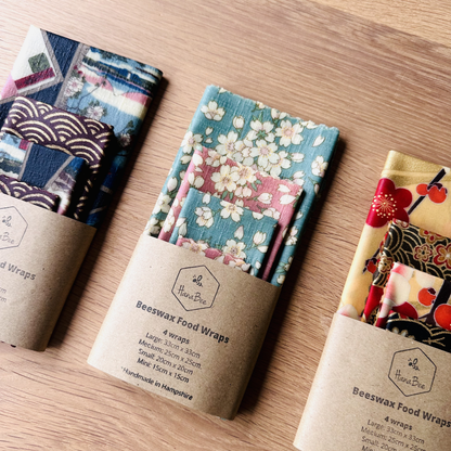 Beeswax Food Wraps – Cherry Blossom Flowers Design (Handmade in the UK, Set of 4)
