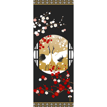 Tenugui Wall Art, Crane and cherry flowers, 34cm x 90cm (13.4” x 35.4”)