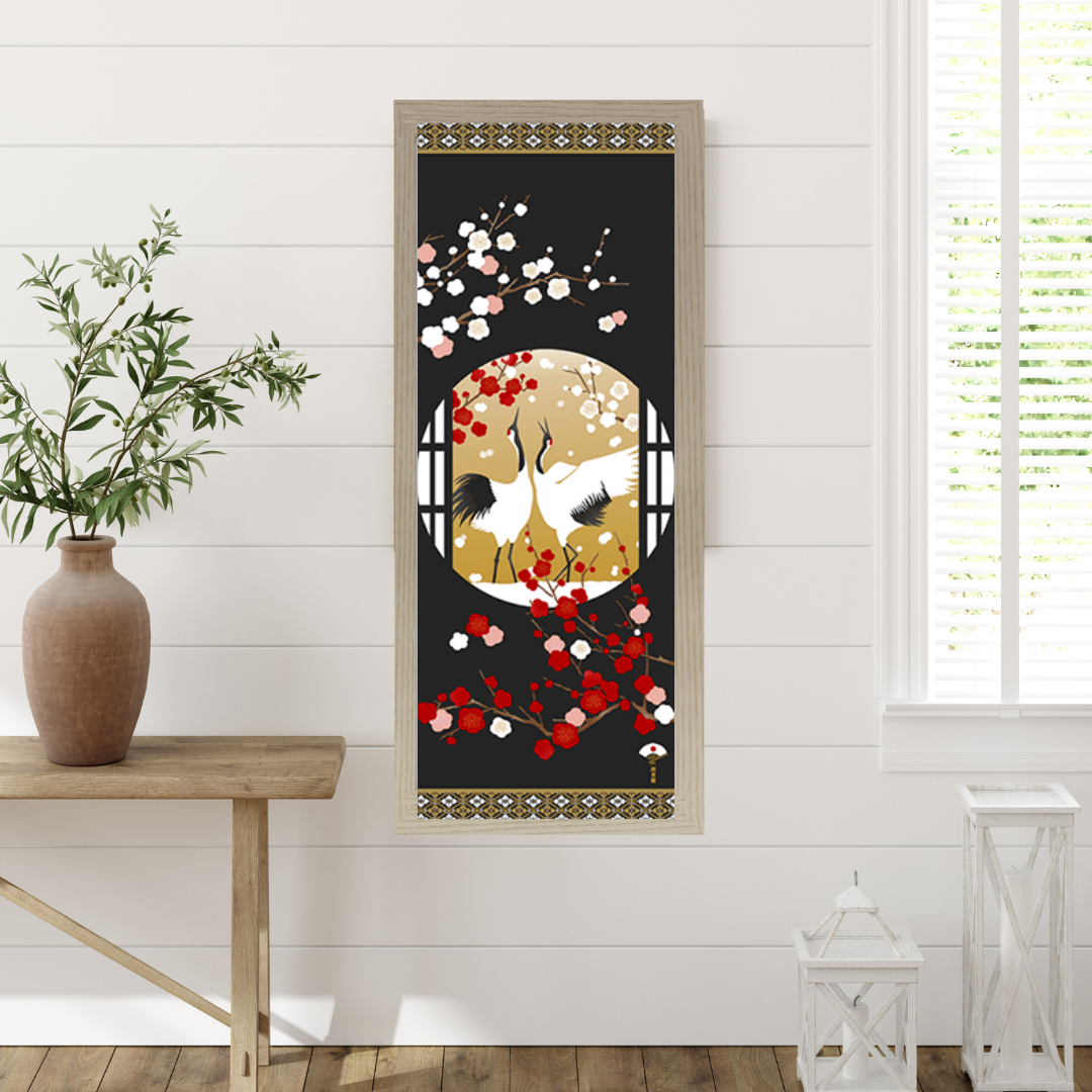 Tenugui Wall Art, Crane and cherry flowers, 34cm x 90cm (13.4” x 35.4”)