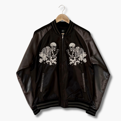 Skull Skajan Jacket – Ukiyo‑e Style Embroidered Japanese Bomber – Black/Dark Grey by HanaBee