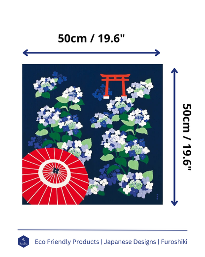 Eco‑Friendly Furoshiki Gift Wrap – Reusable 50 cm Cloth – Hydrangea, Shrine Gate & Wagasa Design