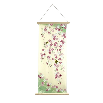 Tenugui Art, Japanese Nightingale and Cherry Blossoms, 34cm x 90cm(13.4” x 35.4”)