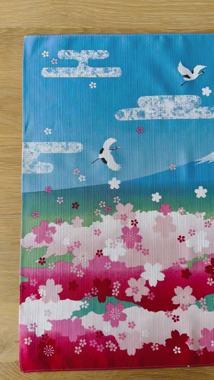 Eco‑Friendly Furoshiki Gift Wrap – Reusable 50 cm Cloth – Spring Pagoda, Mt Fuji, Cranes & Cherry Blossoms Design