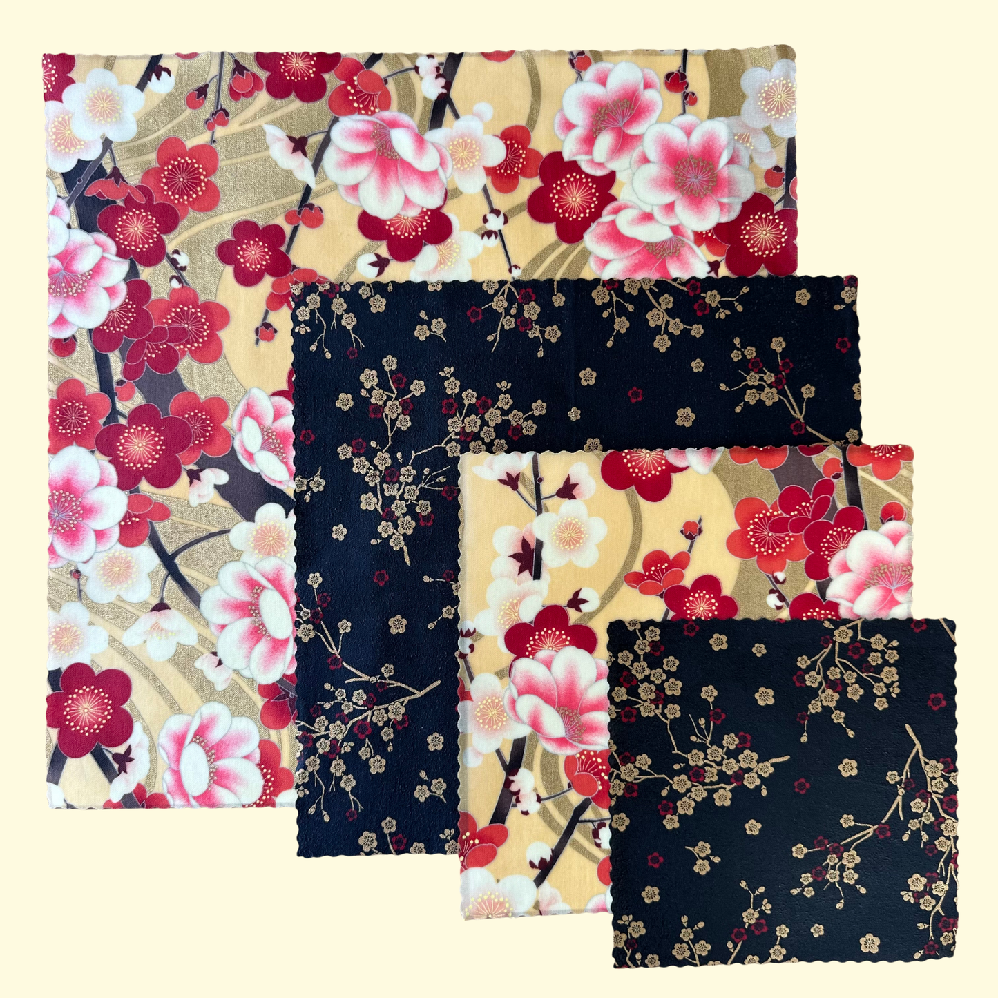 Cherry flowers in red, Set of 4 Beeswax Food Wraps
