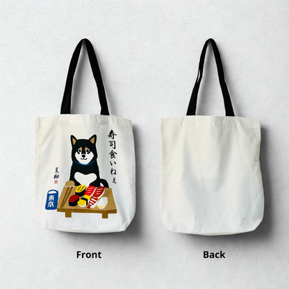 Black & White Shiba Inu with Sushi – Canvas Tote Bag