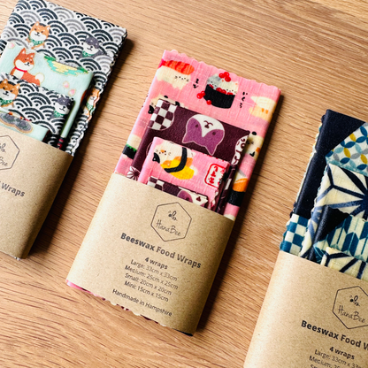 Beeswax Food Wraps – Sushi Cats, Pink (Set of 4)