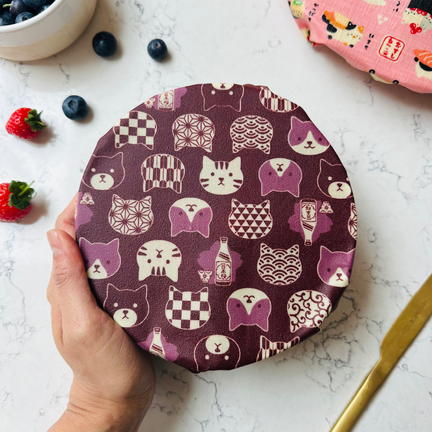 Beeswax Food Wraps – Sushi Cats, Pink (Set of 4)
