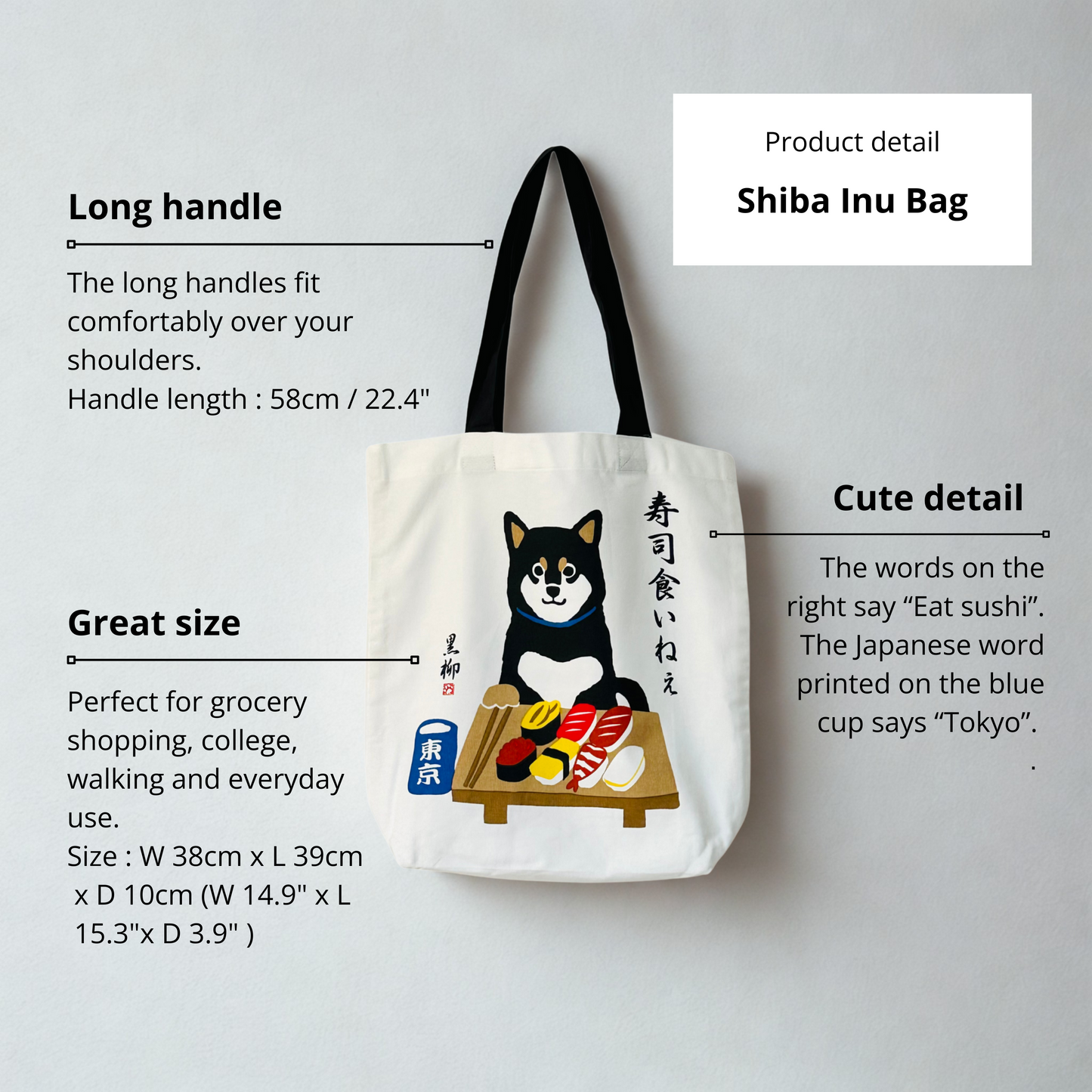 Black & White Shiba Inu with Sushi – Canvas Tote Bag