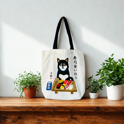 Black & White Shiba Inu with Sushi – Canvas Tote Bag