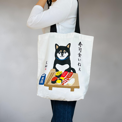 Black & White Shiba Inu with Sushi – Canvas Tote Bag