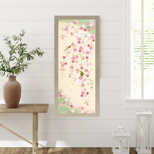 Tenugui Art, Japanese Nightingale and Cherry Blossoms, 34cm x 90cm(13.4” x 35.4”)
